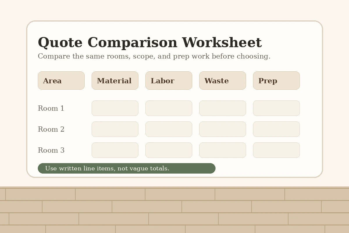 Flooring quote comparison worksheet showing area, material, labor, waste, and prep columns